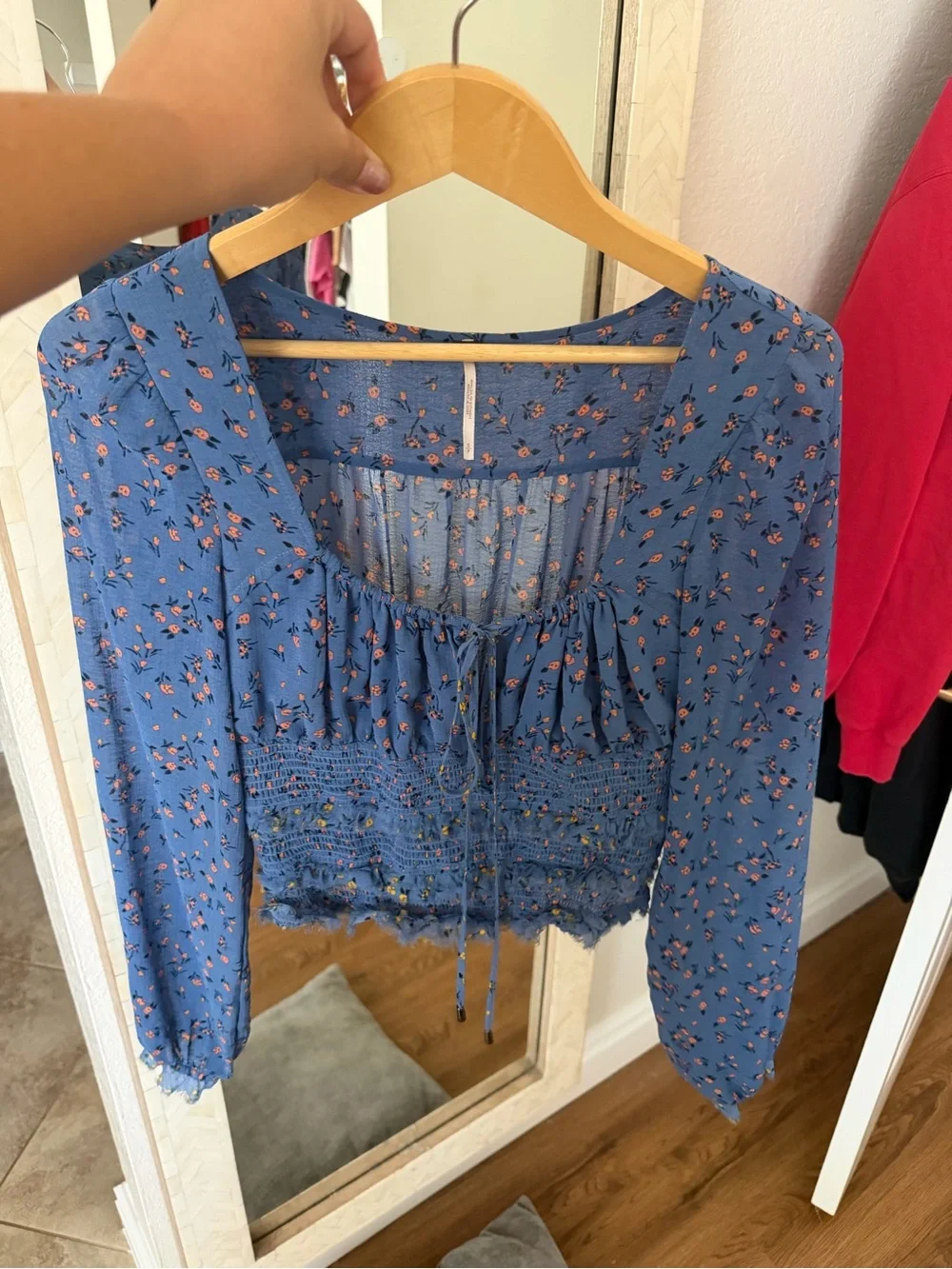 Free People Blue Floral Smocked Long-Sleeve Crop Top
